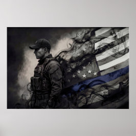 Police Officer Tribute Blue Line American Flag Art Poster