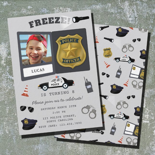 Police Themed Policeman Cop Badge Photo Birthday Einladung (Police Themed Policeman Cop Badge Photo Birthday Invitation)
