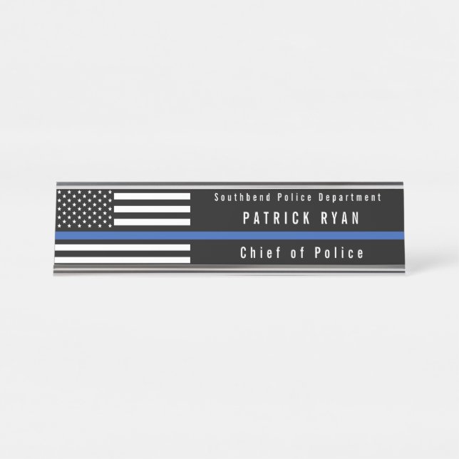 Police Thin Blue Line American Flag Mit Monogramm Schreibtischnamensplakette (Vorderseite )