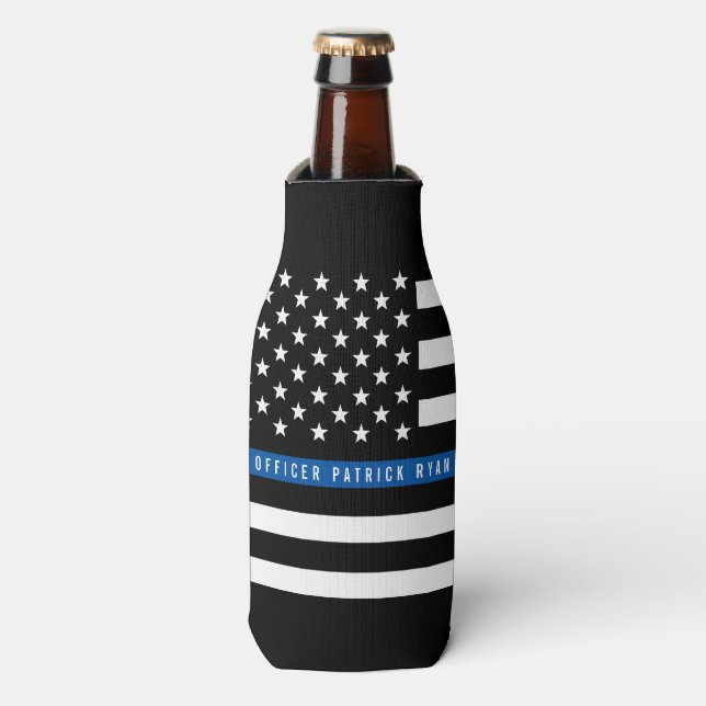 Police Thin Blue Line American Flag Monogram Name Flaschenkühler (Flaschenvorderseite)