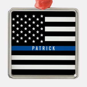 Police Thin Blue Line American Flag Monogram Silbernes Ornament