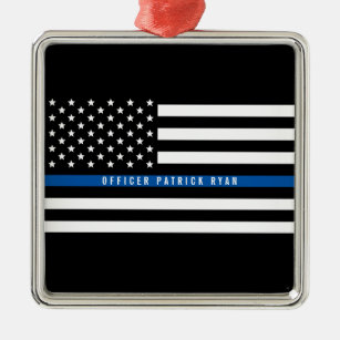 Police Thin Blue Line American Flag Silbernes Ornament