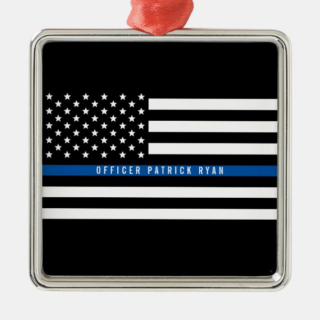 Police Thin Blue Line American Flag Silbernes Ornament (Vorne)