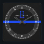 Police Thin Blue Line Custom Monogram Quadratische Wanduhr<br><div class="desc">Eine dünne blaue individuelle Name-Monogramm-Wanduhr.</div>