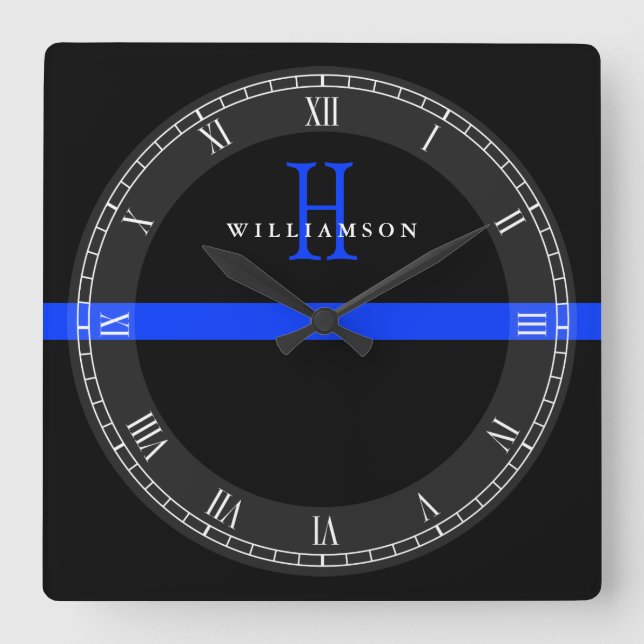 Police Thin Blue Line Custom Monogram Quadratische Wanduhr (Vorderseite)