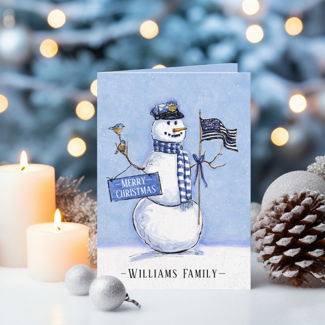 Police Thin Blue Line Flag Frohe Weihnachtsschneem Feiertagskarte (Thin Blue Line Flag Snowman Police Officer Custom Family Name Merry Christmas Card.)