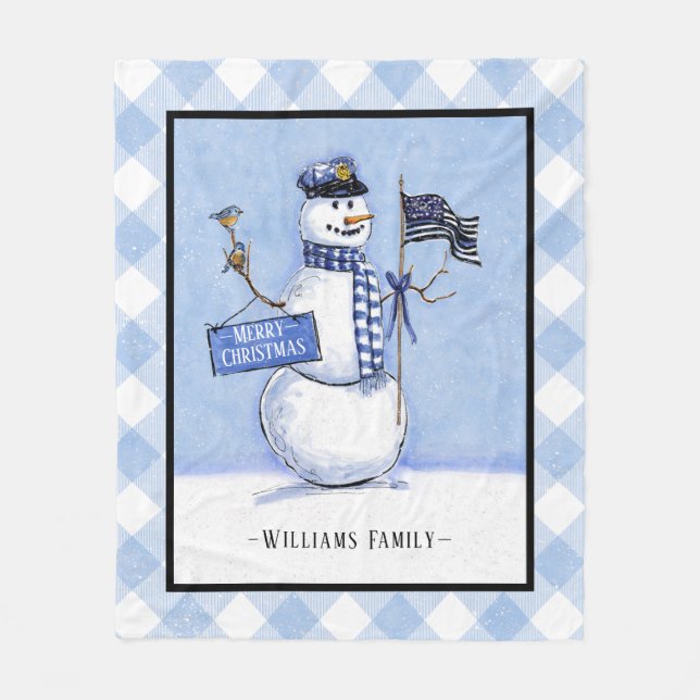 Police Thin Blue Line Flag Frohe Weihnachtsschneem Fleecedecke (Vorderseite)