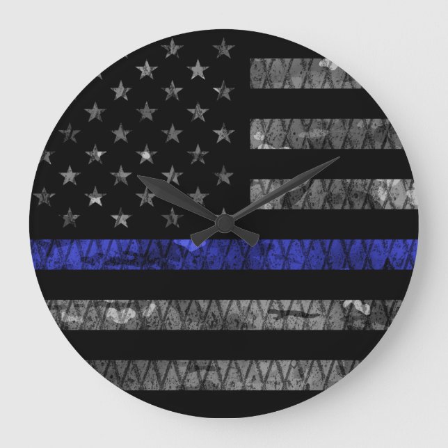Police Thin Blue Line Flag Große Wanduhr (Vorderseite)