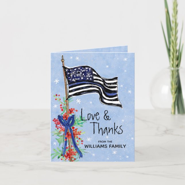 Police Thin Blue Line Flag Holly Family Nave Dankeskarte (Vorderseite)