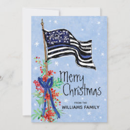Police Thin Blue Line Flag Holly Red Berries Name Feiertagskarte