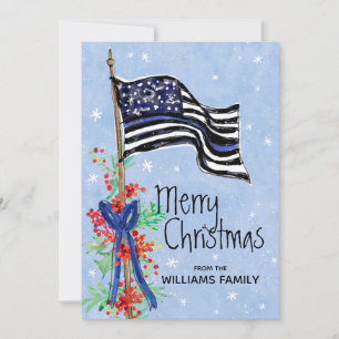 Police Thin Blue Line Flag Holly Red Berries Name Feiertagskarte