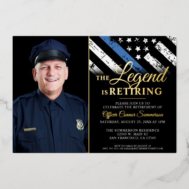 Police Thin Blue Line Flag Retirement Foto Folieneinladung (Vorderseite)