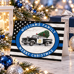 Police Thin Blue Line Flag Vintage Auto Weihnachte Feiertagskarte