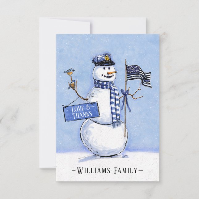 Police Thin Blue Line Flagge Snowman Holiday Dankeskarte (Vorderseite)