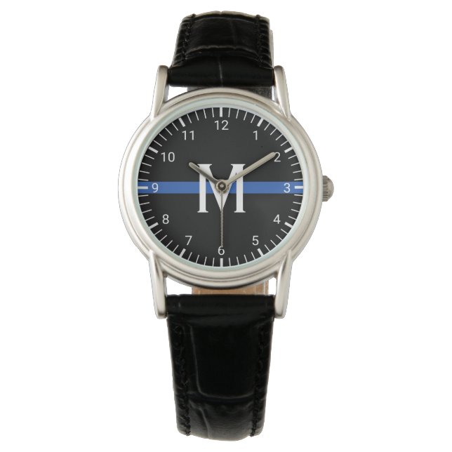 Police Thin Blue Line Mit Monogramm Armbanduhr (Vorderseite)