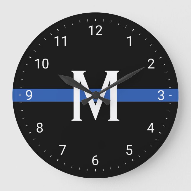 Police Thin Blue Line Mit Monogramm erste Große Wanduhr (Vorderseite)