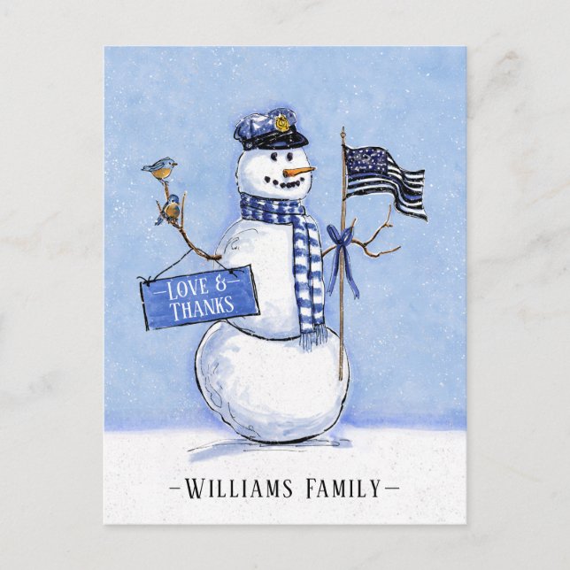 Police Thin Blue Line Snowman Holiday Danke Postkarte (Vorderseite)