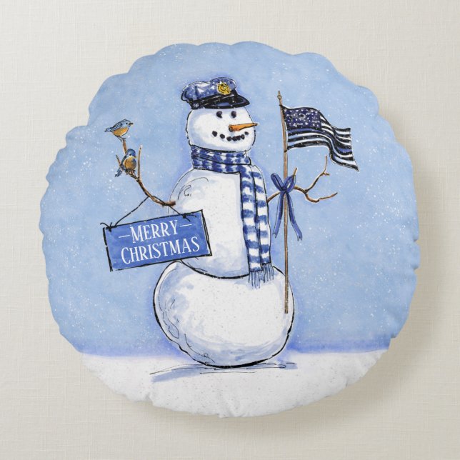 Police Thin Blue Line Snowman Weihnachten Rundes Kissen (Vorderseite)