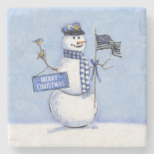 Police Thin Blue Line Snowman Weihnachten Steinuntersetzer