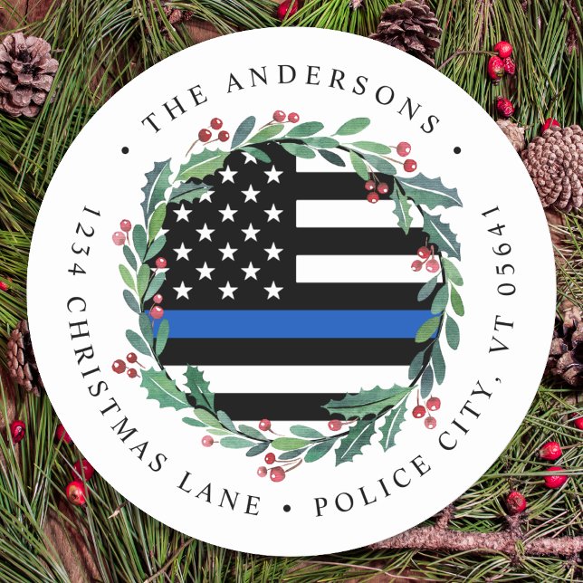 Police Thin Blue Line Weihnachts-Rücksendeadresse Runder Aufkleber (Von Creator hochgeladen)