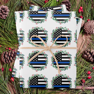 Police Thin Blue Line Wreath Frohe Weihnachten Geschenkpapier Set