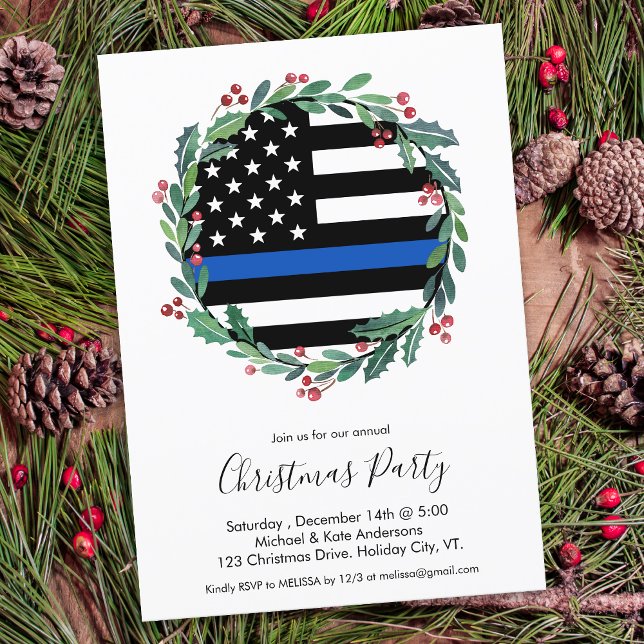 Police Thin Blue Line Wreath Weihnachts-Party Einladung (Von Creator hochgeladen)