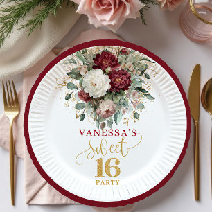 Polierte Sweet 16 Blush Burgunder Florale Teller