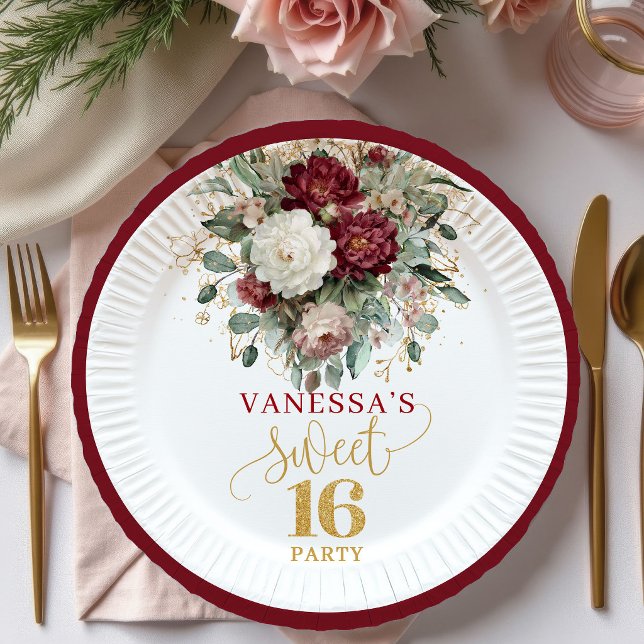 Polierte Sweet 16 Blush Burgunder Florale Teller (Polished Sweet 16 Blush Burgundy Floral Plates)
