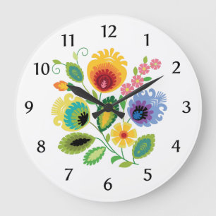 Polish Folk Flowers Yellow Große Wanduhr
