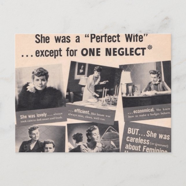 Politisch inkorrekte Retro-Anzeige "Perfect Ehefra Postkarte (Vorderseite)