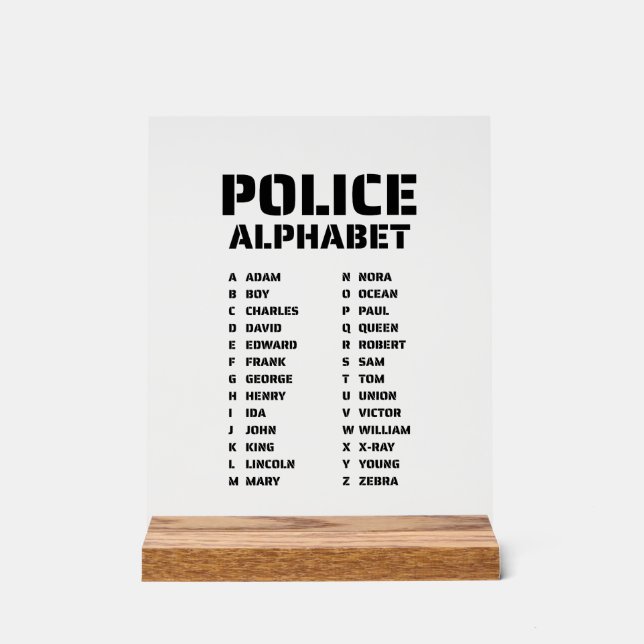 Polizei Alphabet Kennungstabelle Phonetischer Code Acrylschild (Vorderseite)