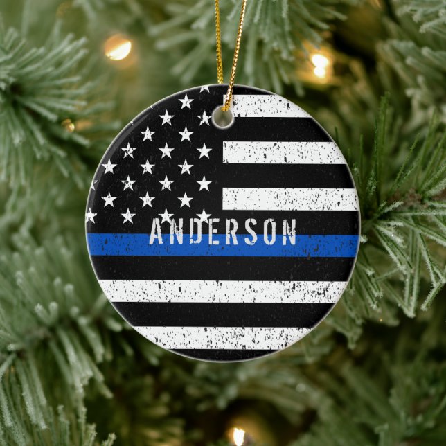 Polizei bedrückte Thin Blue Line mit Namen Keramik Ornament (Baum)