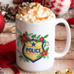 Polizei Frohe Weihnachten Schild mit Poinsettie Kaffeetasse