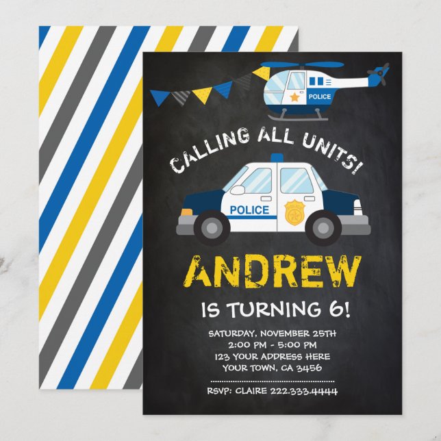 Polizei-Geburtstags-Einladung, Tafelhintergrund Einladung (Vorne/Hinten)