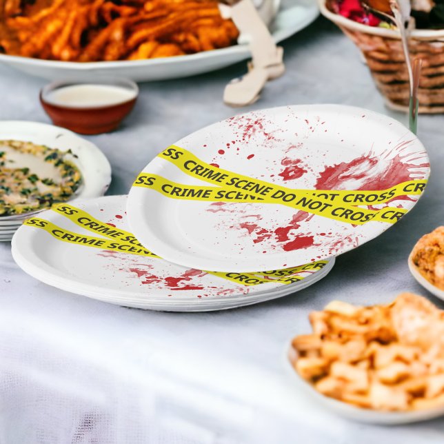 Polizei-Kriminalitätsband Pappteller (Police Crime Scene Tape paper plates with blood splatters from Ricaso)
