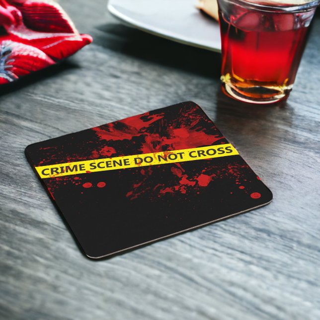 Polizei-Kriminalitätsband Rechteckiger Pappuntersetzer (Police Crime Scene Tape Square Paper Coaster from Ricaso. Murder Mystery Party accessories)