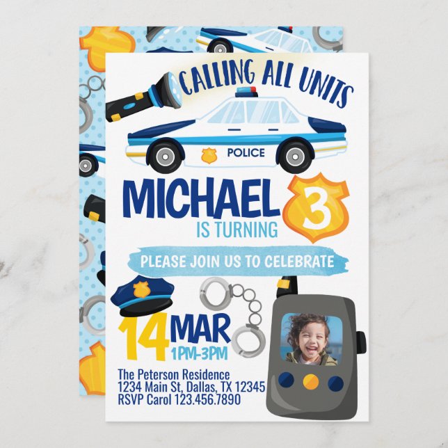 Polizei-Polizist-Polizist-Geburtstags-Party Einladung (Vorne/Hinten)