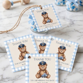 Polizei-Teddybär-Gingham-Baby-Party Geschenkanhänger