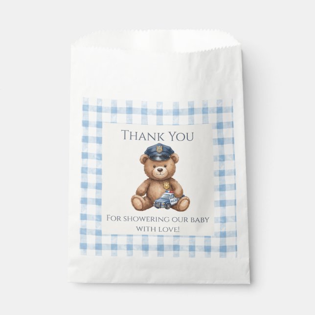 Polizei-Teddybär-Gingham-Baby-Party Geschenktütchen (Vorderseite)