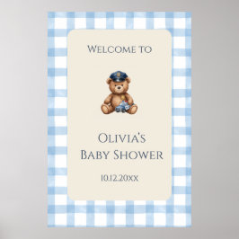 Polizei-Teddybär-Gingham-Baby-Party Poster