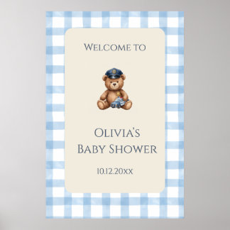Polizei-Teddybär-Gingham-Baby-Party Poster
