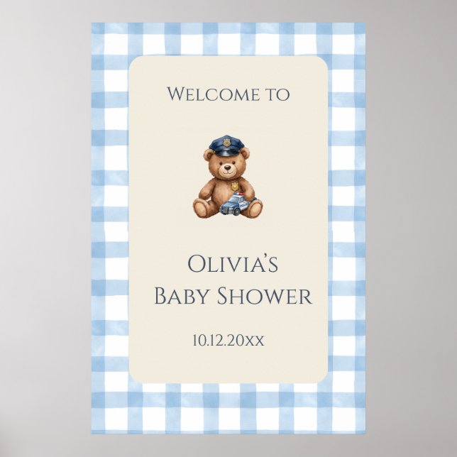 Polizei-Teddybär-Gingham-Baby-Party Poster (Vorne)