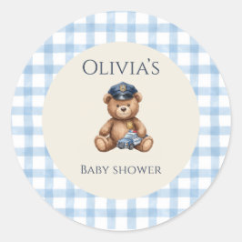 Polizei-Teddybär-Gingham-Baby-Party Runder Aufkleber