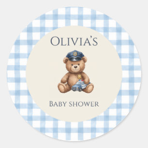 Polizei-Teddybär-Gingham-Baby-Party Runder Aufkleber