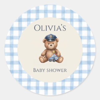 Polizei-Teddybär-Gingham-Baby-Party Runder Aufkleber