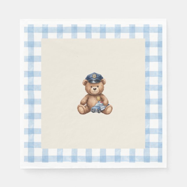 Polizei-Teddybär-Gingham-Baby-Shower-Servietten Serviette (Vorderseite)