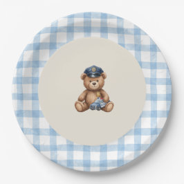 Polizei-Teddybär-Gingham-Baby-Shower-Teller Pappteller