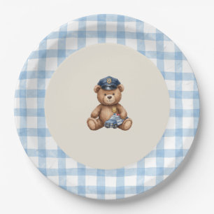 Polizei-Teddybär-Gingham-Baby-Shower-Teller Pappteller