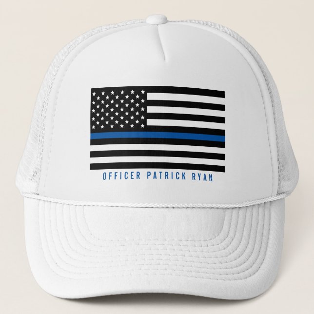 Polizei Thin Blue Line American Flag Name Truckerkappe (Vorderseite)