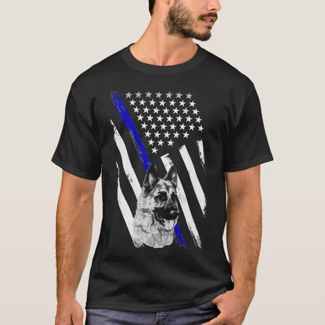 Polizei Thin Blue Line Flag K 9 Einheit Hund Deuts T-Shirt (Vorderseite)